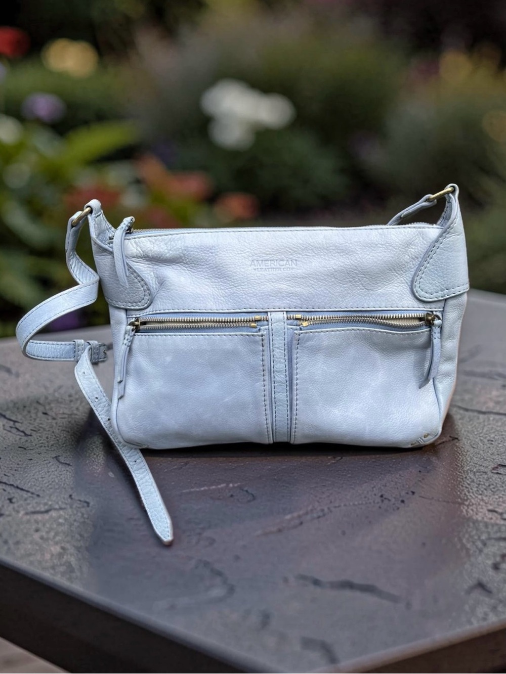 American Leather Co Light Blue Leather Crossbody Shoulder Bag Large - Picture 1 of 12